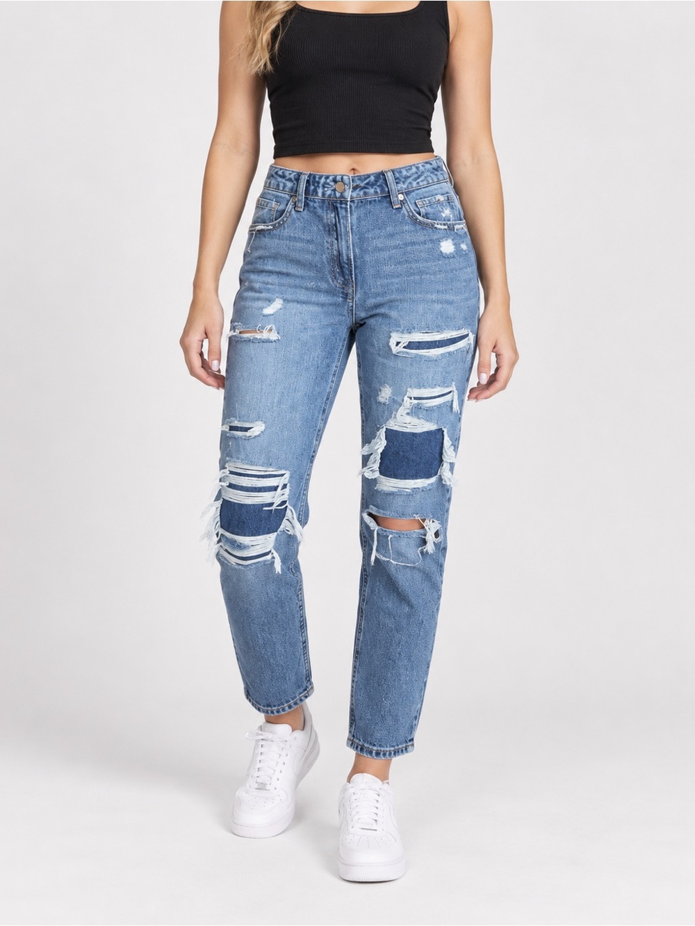 Altar’d State| Patched + Distressed Denim Straight Leg Jeans